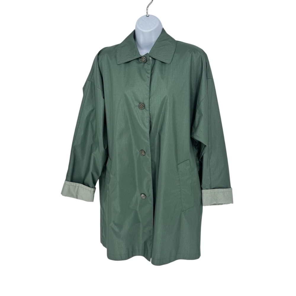 Vintage Fleet Street Green White Plaid Trench Coat Built In Shoulder Pads Size 8